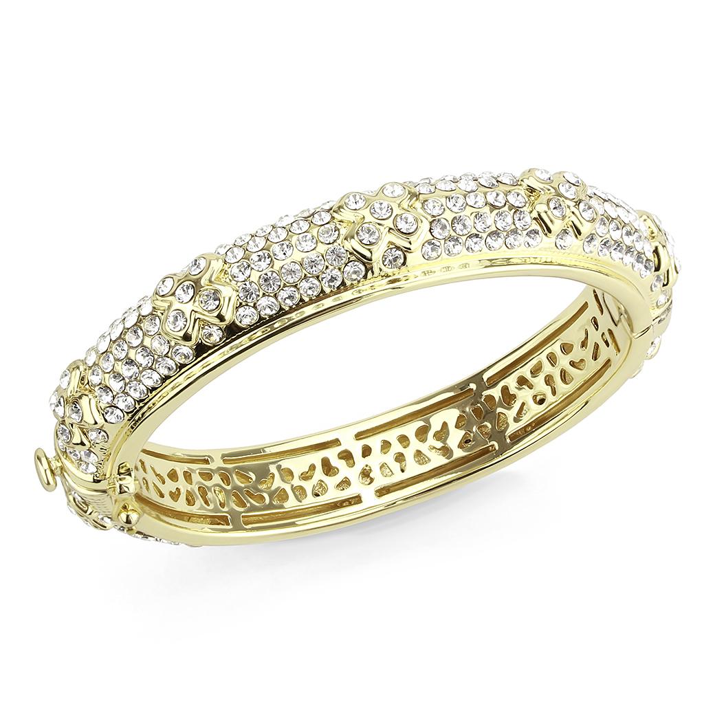 LO4339 Gold Brass Bangle featuring a clear top grade crystal centerpiece, elegantly designed for versatile wear.