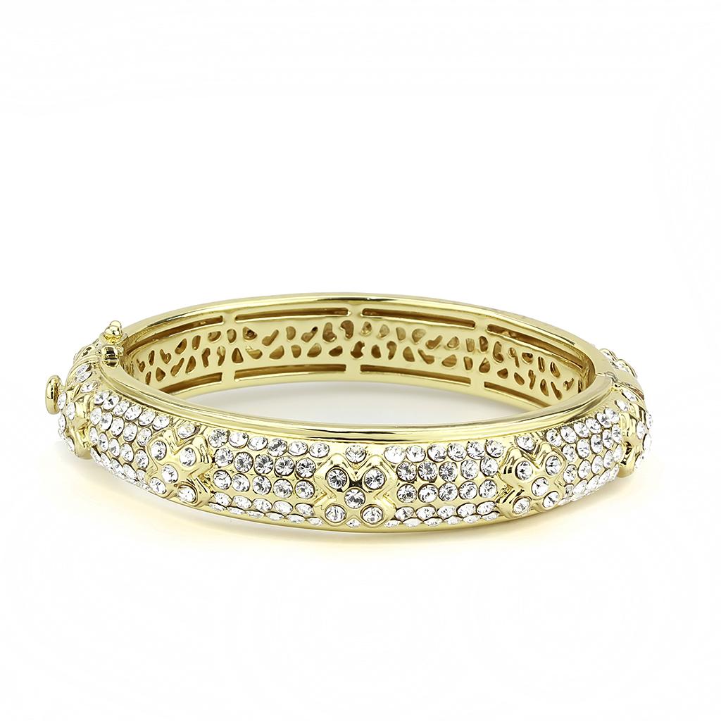 LO4339 Gold Brass Bangle featuring a clear top grade crystal centerpiece, elegantly designed for versatile wear.