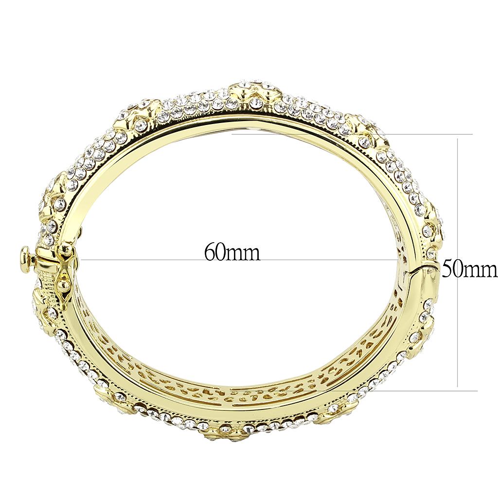 LO4339 Gold Brass Bangle featuring a clear top grade crystal centerpiece, elegantly designed for versatile wear.