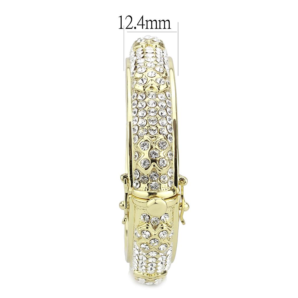 LO4339 Gold Brass Bangle featuring a clear top grade crystal centerpiece, elegantly designed for versatile wear.