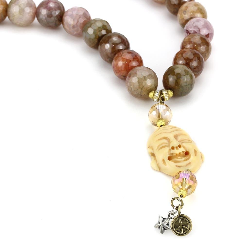 Antique Copper Brass Necklace featuring multi-colored semi-precious agate stones, showcasing intricate craftsmanship and vintage charm.