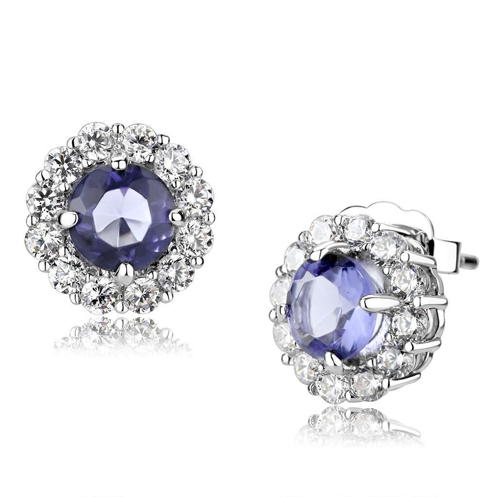 Elegant LO4674 Rhodium Brass Earrings featuring tanzanite synthetic glass stones, perfect for any occasion.