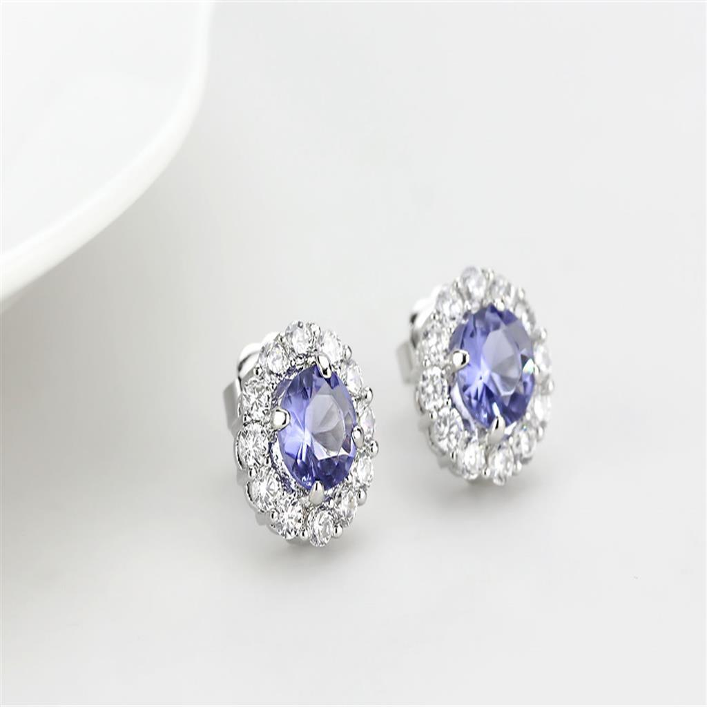 Elegant LO4674 Rhodium Brass Earrings featuring tanzanite synthetic glass stones, perfect for any occasion.