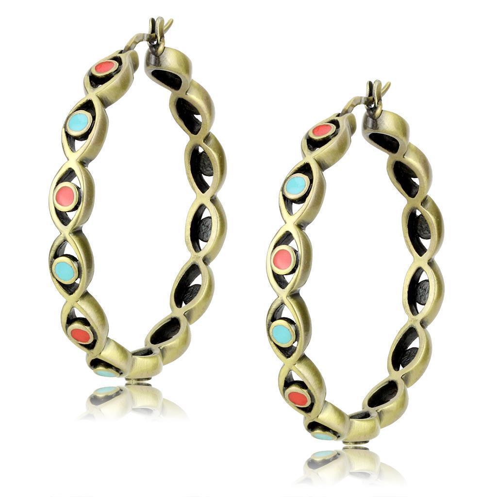 LO4679 Antique Silver Brass Earrings featuring multi-color epoxy stones, showcasing a vintage design with vibrant hues.