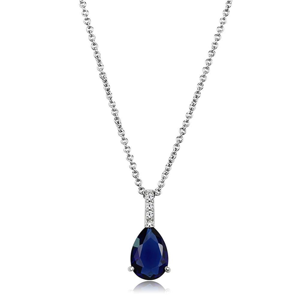 LO4683 Rhodium Brass Chain Pendant featuring a Montana synthetic stone, elegantly designed for versatile wear.