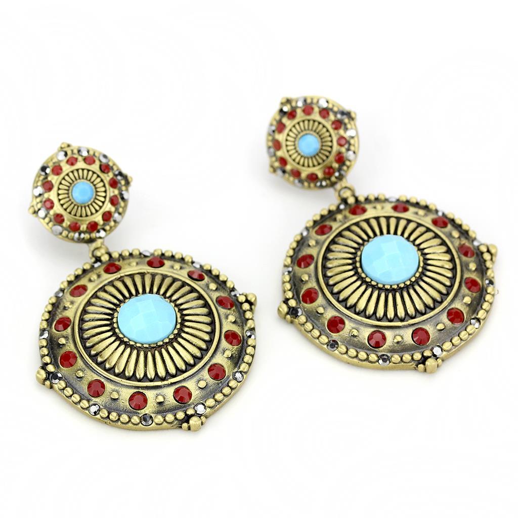 LO4685 Antique Copper Brass Earrings featuring synthetic turquoise in sea blue, showcasing intricate design and vintage appeal.