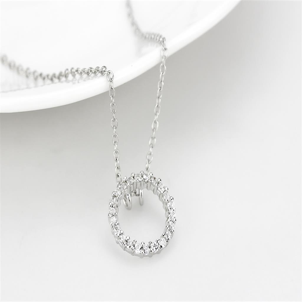 LO4691 Rhodium Brass Chain Pendant featuring a clear AAA Grade CZ stone, elegantly designed for versatile wear.