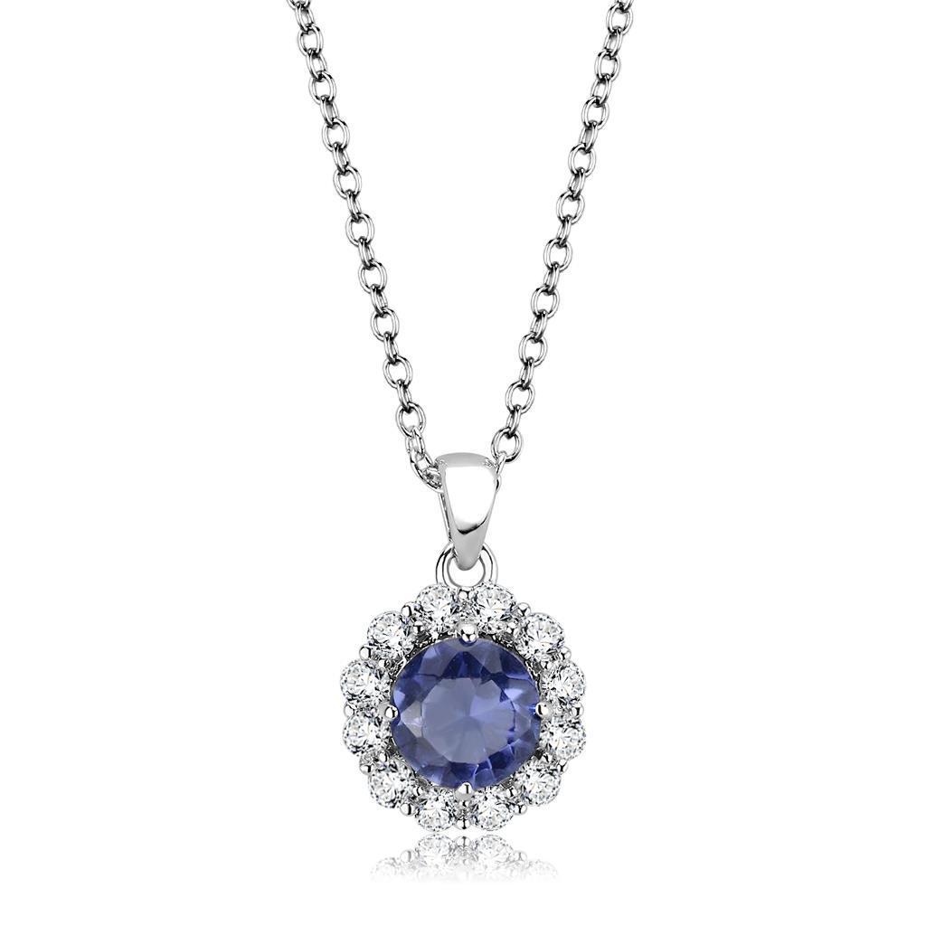 LO4697 Rhodium Brass Chain Pendant featuring a tanzanite synthetic glass stone, elegantly designed for versatile wear.