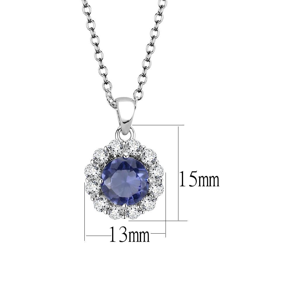 LO4697 Rhodium Brass Chain Pendant featuring a tanzanite synthetic glass stone, elegantly designed for versatile wear.