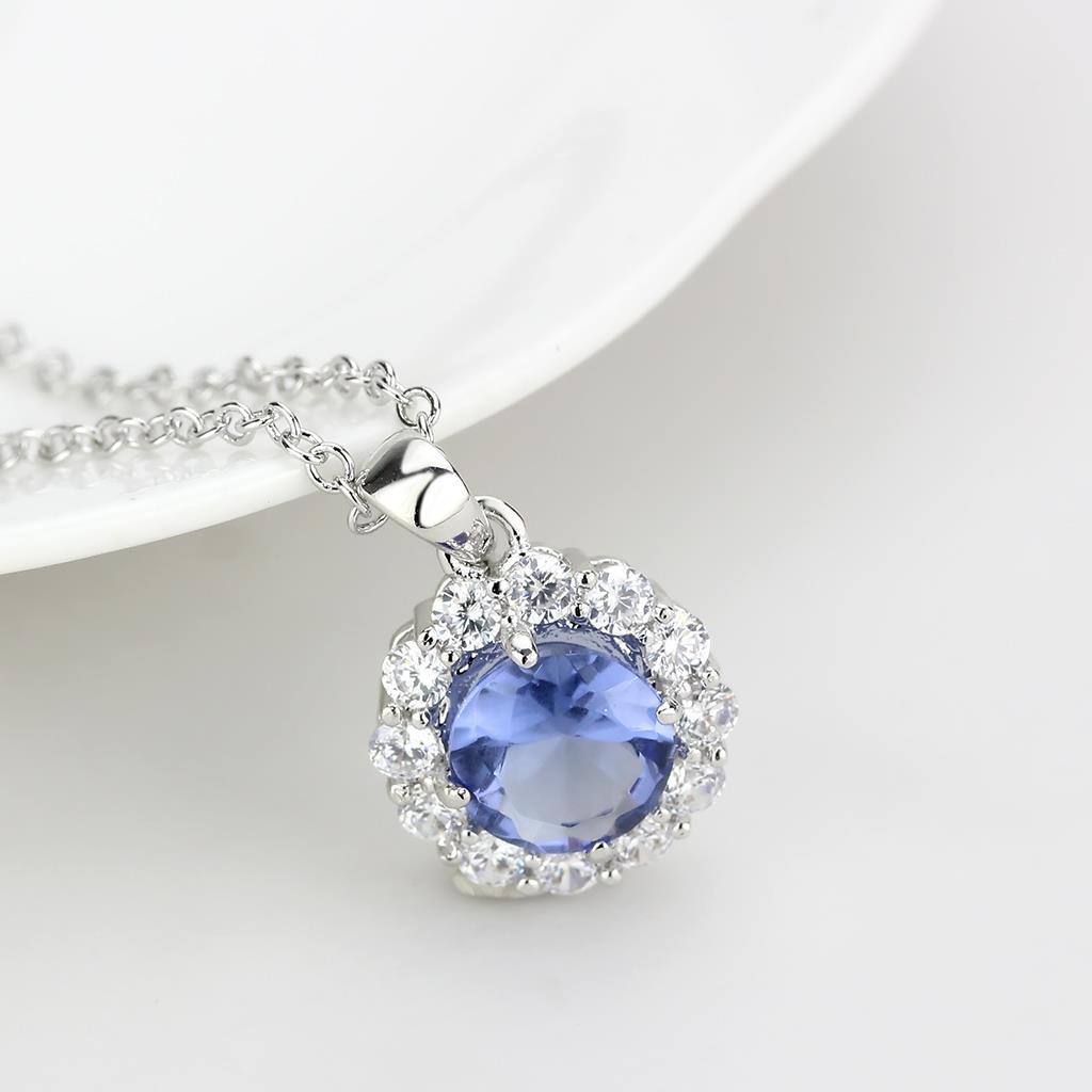 LO4697 Rhodium Brass Chain Pendant featuring a tanzanite synthetic glass stone, elegantly designed for versatile wear.