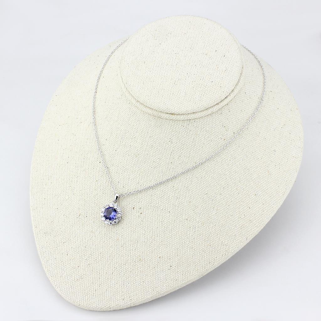 LO4697 Rhodium Brass Chain Pendant featuring a tanzanite synthetic glass stone, elegantly designed for versatile wear.