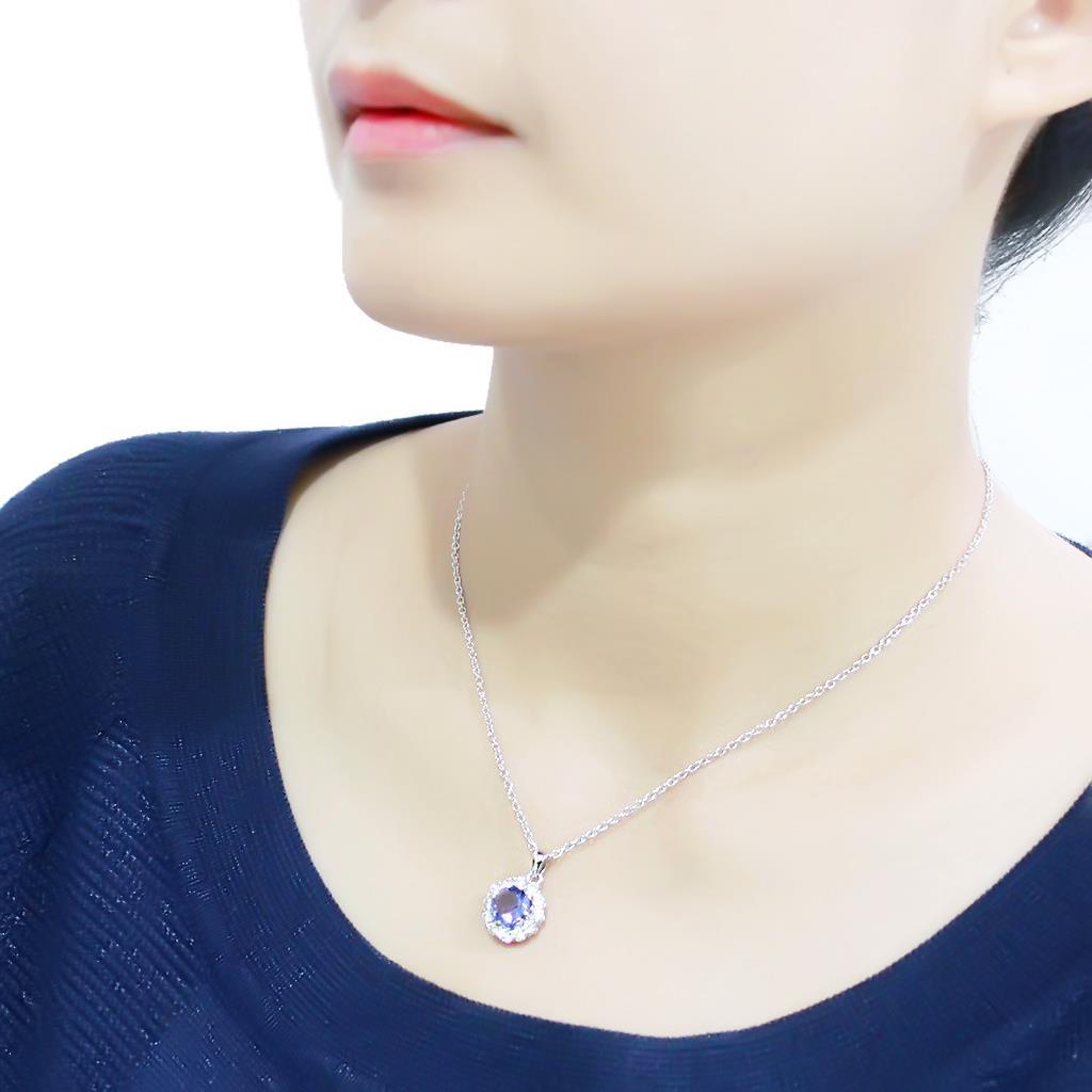 LO4697 Rhodium Brass Chain Pendant featuring a tanzanite synthetic glass stone, elegantly designed for versatile wear.