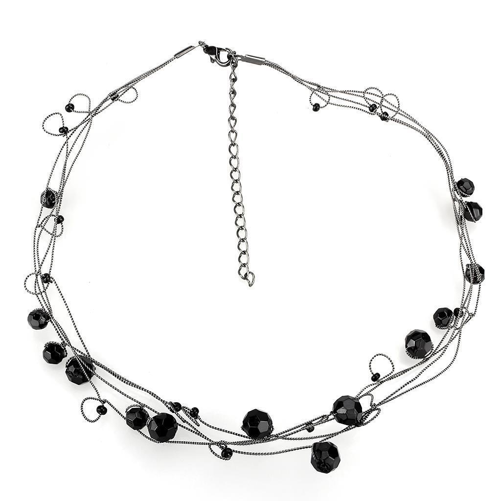 LO4714 Ruthenium White Metal Necklace featuring a jet black synthetic glass centerpiece, elegantly designed for versatile wear.