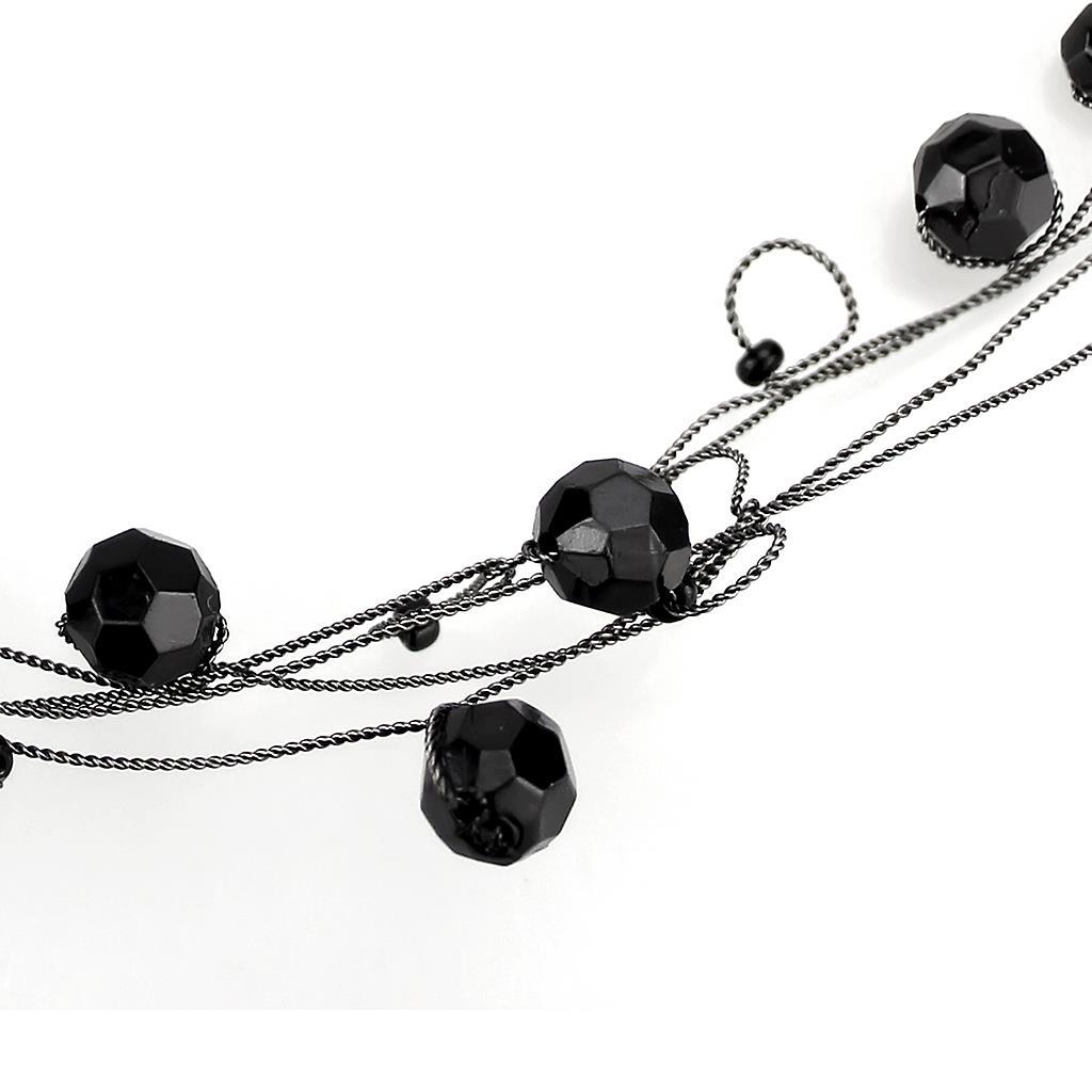 LO4714 Ruthenium White Metal Necklace featuring a jet black synthetic glass centerpiece, elegantly designed for versatile wear.