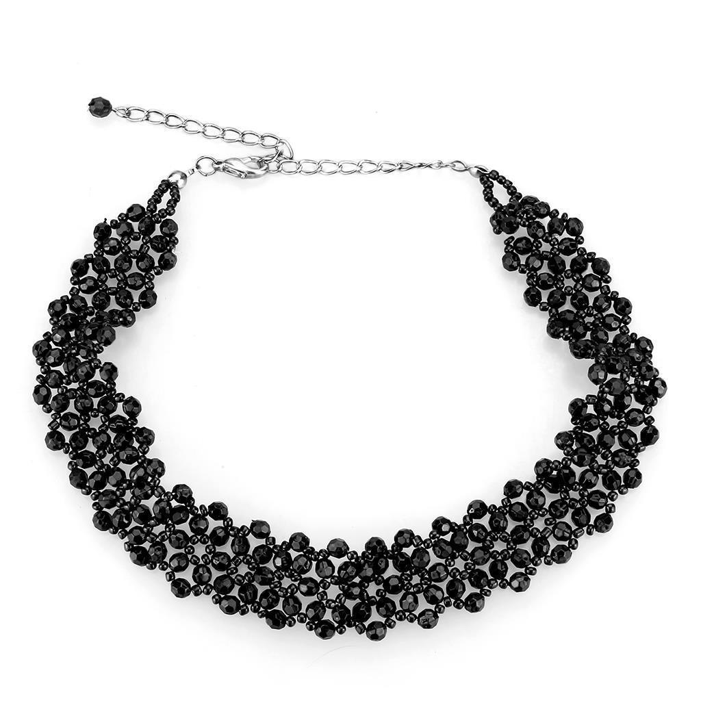 LO4720 Rhodium Stainless Steel Necklace featuring a jet black synthetic glass stone, showcasing elegance and durability.