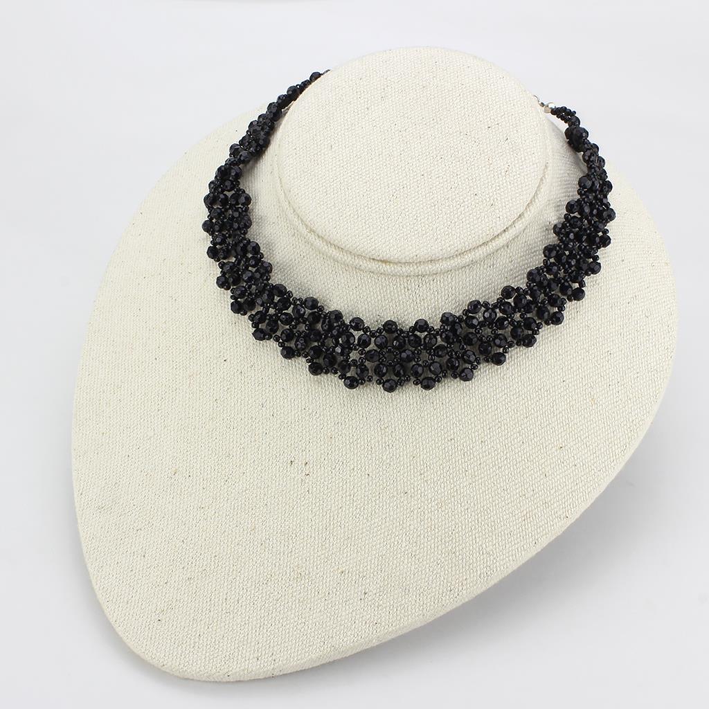 LO4720 Rhodium Stainless Steel Necklace featuring a jet black synthetic glass stone, showcasing elegance and durability.