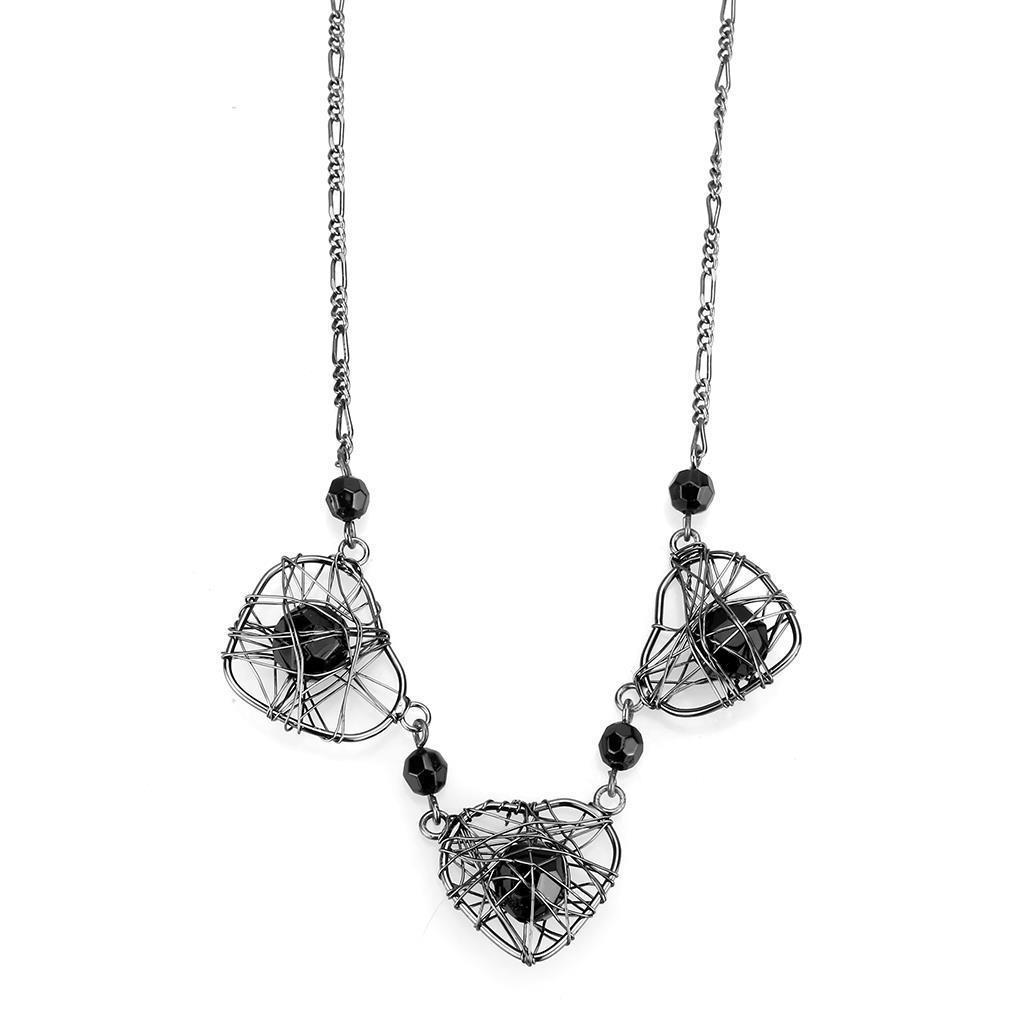 LO4728 Ruthenium White Metal Necklace featuring a jet-colored synthetic glass center stone, elegantly designed for modern fashion.