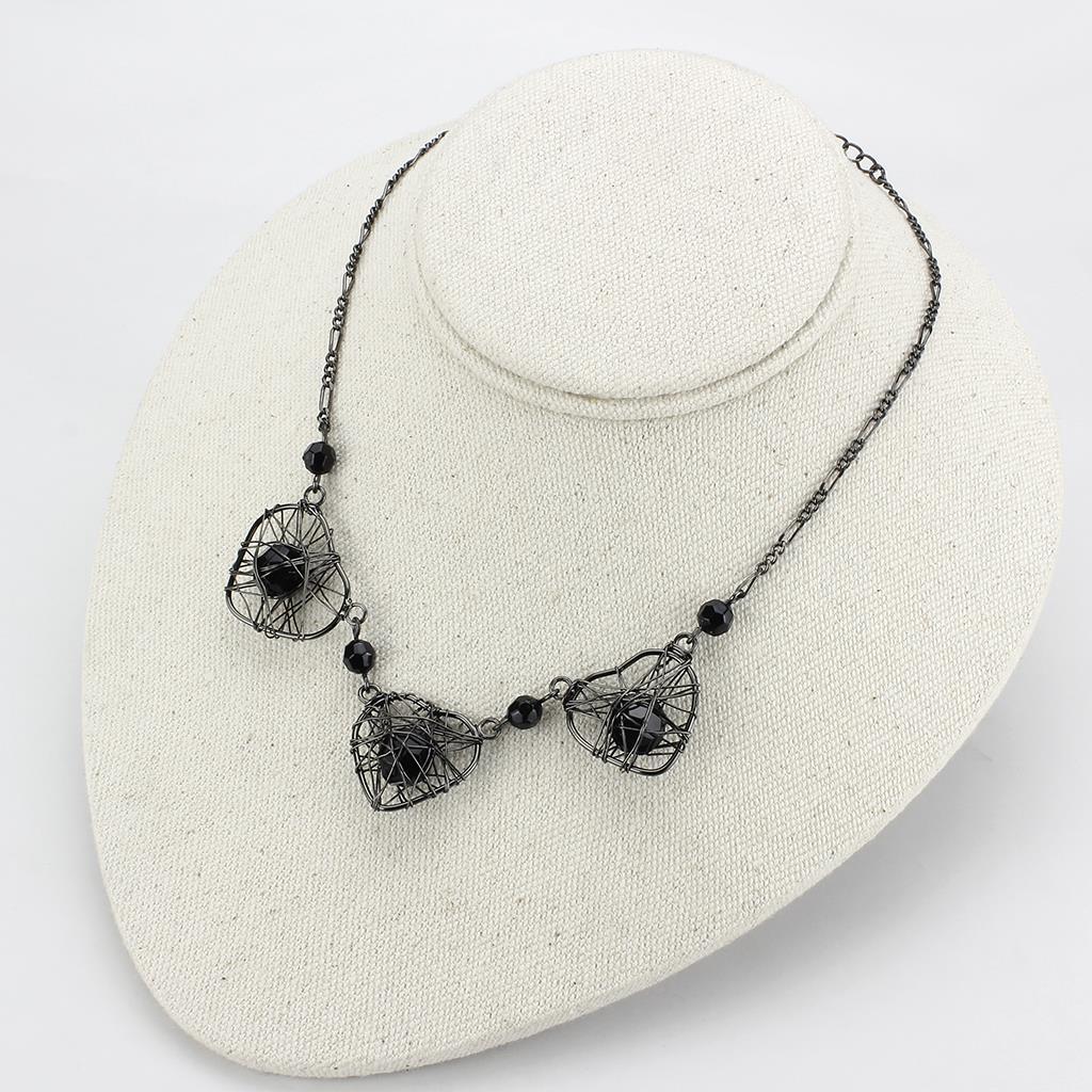 LO4728 Ruthenium White Metal Necklace featuring a jet-colored synthetic glass center stone, elegantly designed for modern fashion.