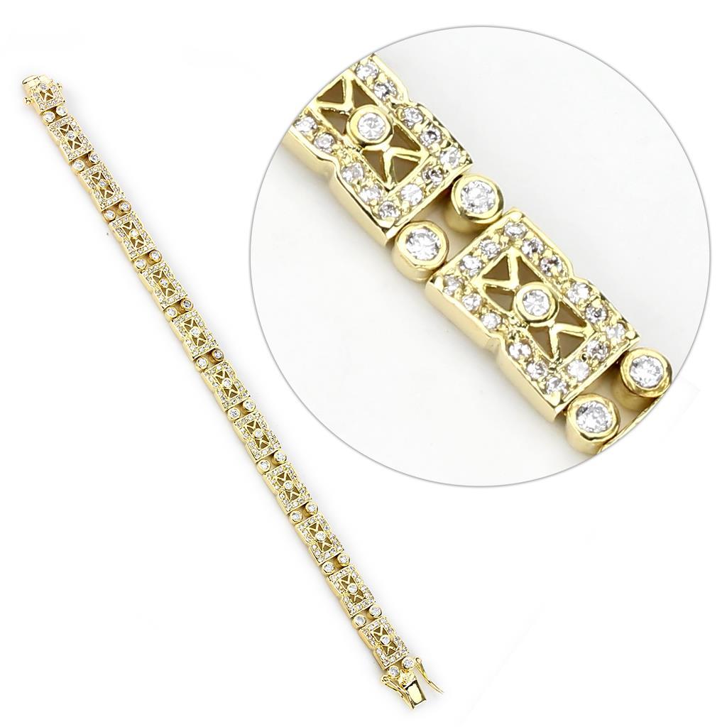 Gold brass bracelet featuring AAA grade clear cubic zirconia stone, elegantly designed for versatile wear.