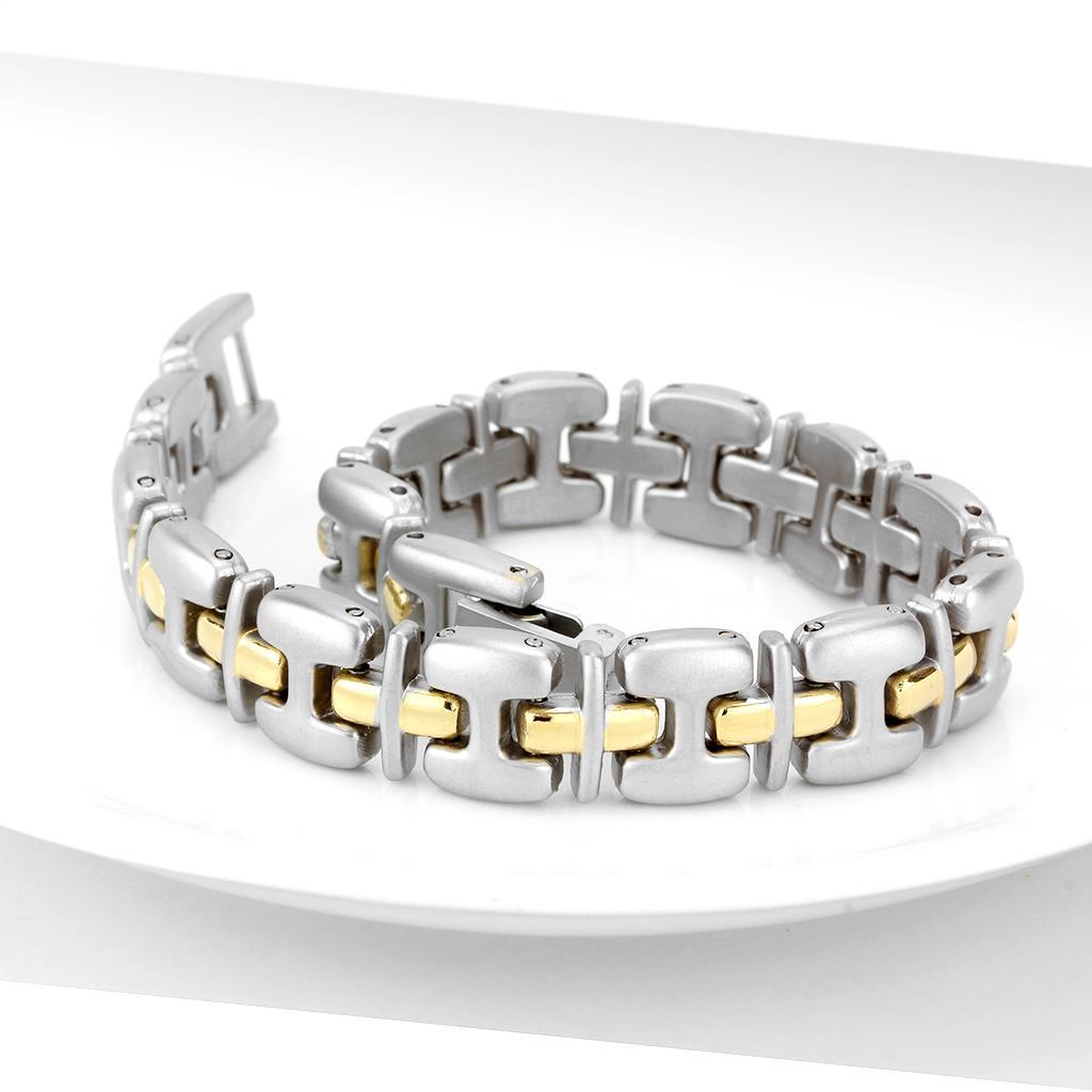 LO4739 Gold and Rhodium White Metal Bracelet, showcasing a sleek design without any stones, perfect for elegant styling.