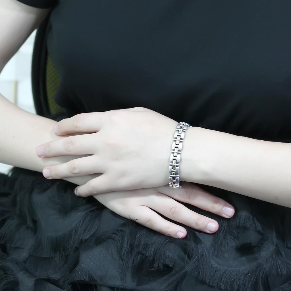 LO4739 Gold and Rhodium White Metal Bracelet, showcasing a sleek design without any stones, perfect for elegant styling.