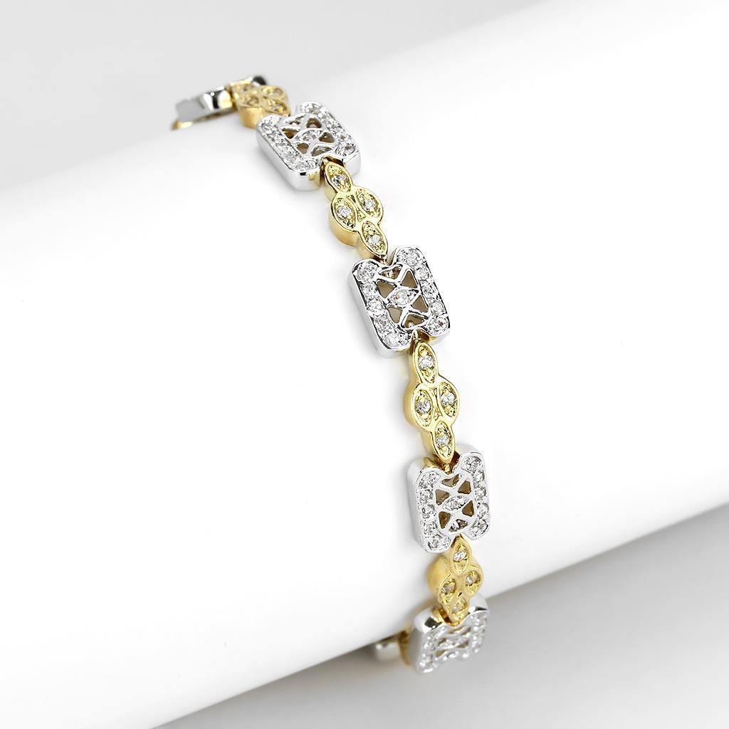 LO4741 Gold and Rhodium Brass Bracelet featuring a clear AAA Grade CZ stone, showcasing elegance and luxury.