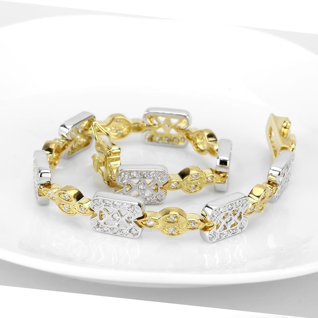 LO4741 Gold and Rhodium Brass Bracelet featuring a clear AAA Grade CZ stone, showcasing elegance and luxury.