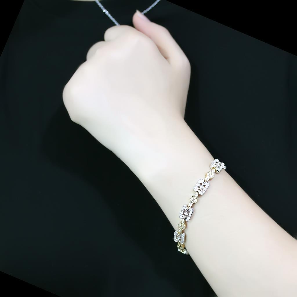 LO4741 Gold and Rhodium Brass Bracelet featuring a clear AAA Grade CZ stone, showcasing elegance and luxury.