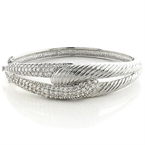 LO614 Rhodium Brass Bangle featuring a clear AAA Grade CZ stone, showcasing its elegant design and luxurious finish.