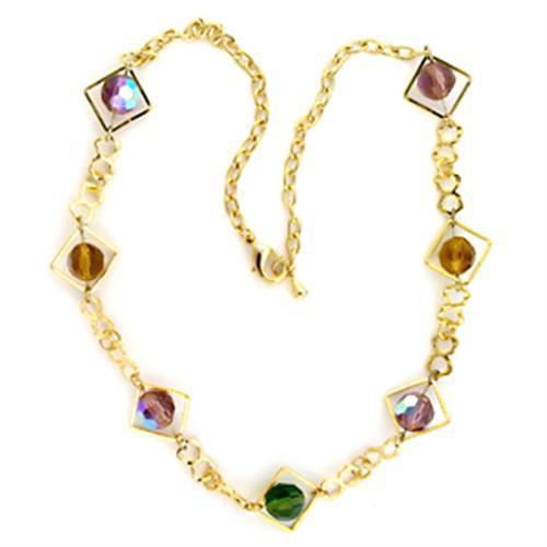 LO719 Gold Brass Necklace featuring vibrant multi-color synthetic glass bead, elegantly designed for versatile styling.