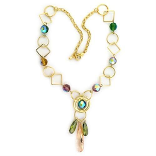 Gold necklace with multicolored stones.