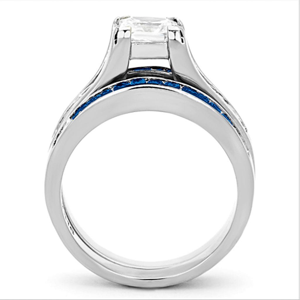 High polished stainless steel ring featuring a multi-color AAA Grade CZ stone, showcasing a sleek and modern design.