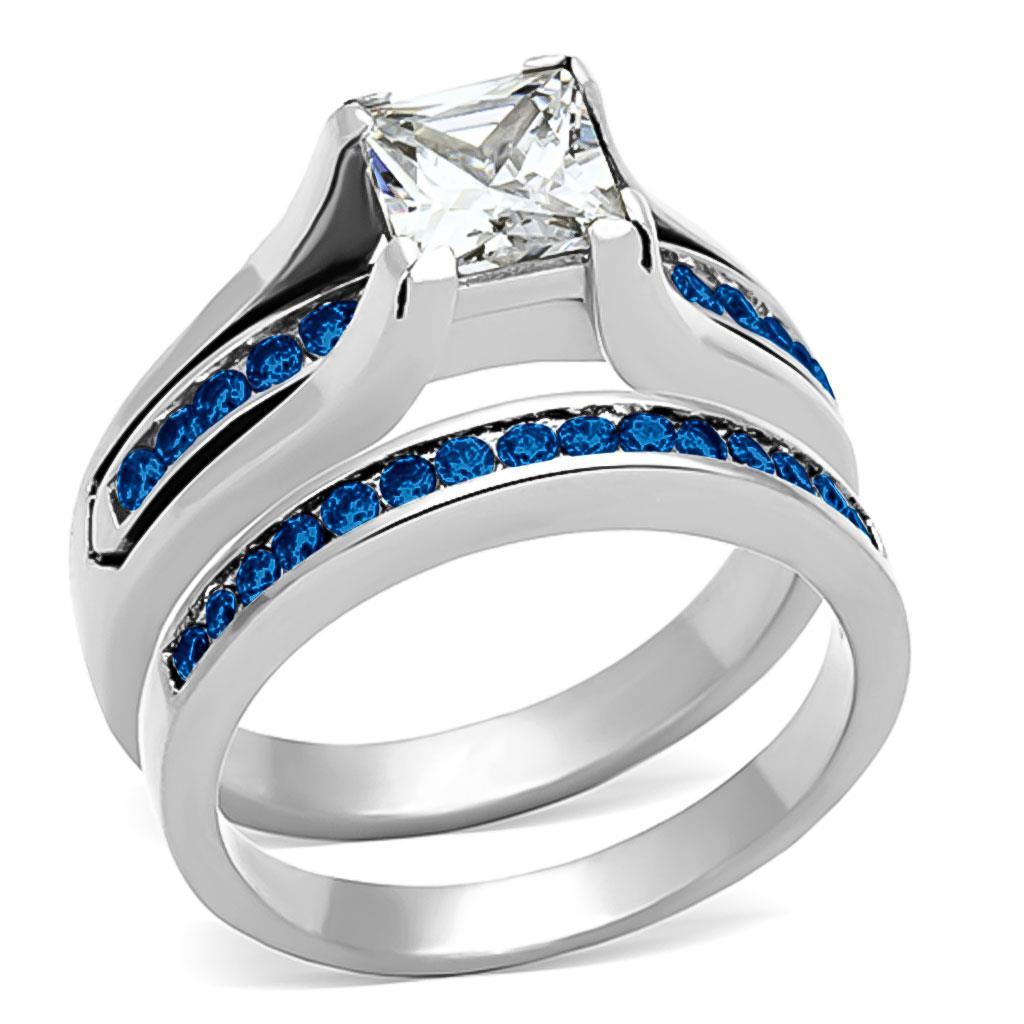 High polished stainless steel ring featuring a multi-color AAA Grade CZ stone, showcasing a sleek and modern design.