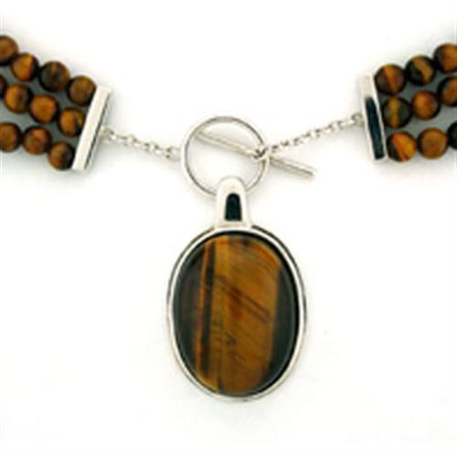 LOA278 Rhodium 925 Sterling Silver Necklace featuring a semi-precious Tiger Eye stone, showcasing its elegant design and craftsmanship.