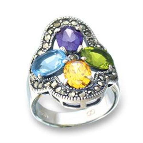 LOA522 Antique Tone 925 Sterling Silver Ring featuring multi-color AAA Grade CZ stones, showcasing vintage elegance.