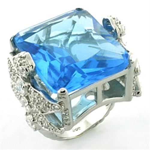 LOA646 Rhodium 925 Sterling Silver Ring featuring sea blue synthetic glass stone, elegantly designed for modern style.