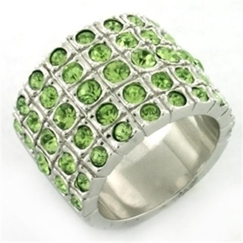 LOA658 Rhodium Brass Ring featuring a vibrant apple green top-grade crystal, elegantly designed for any occasion.