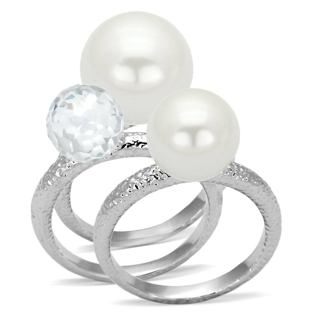 LOA834 Rhodium Brass Ring featuring a synthetic white pearl, showcasing its elegant design and shiny finish.