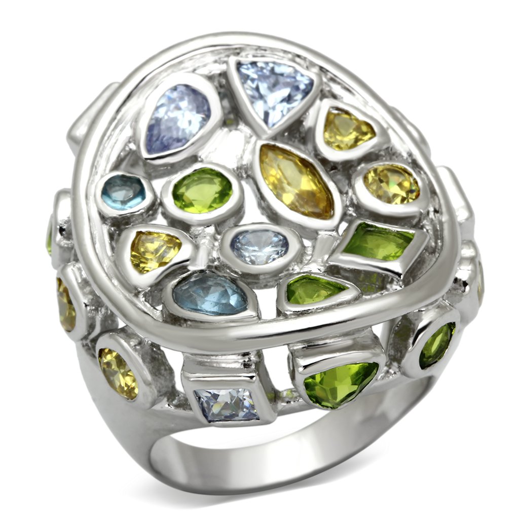 LOA840 Rhodium Brass Ring featuring assorted multi-colored stones, elegantly designed for versatile wear.