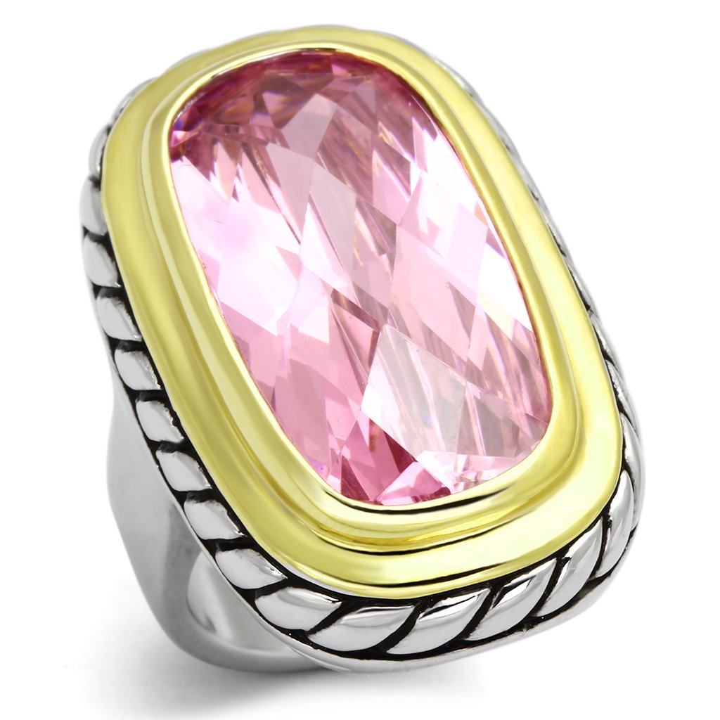 LOA841 Reverse Two-Tone Brass Ring featuring AAA Grade CZ in rose color, showcasing its elegant design and craftsmanship.