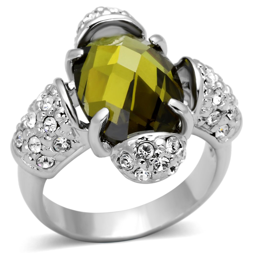 LOA842 Rhodium Brass Ring featuring AAA Grade CZ stones in olivine color, showcasing its elegant design and high-quality craftsmanship.