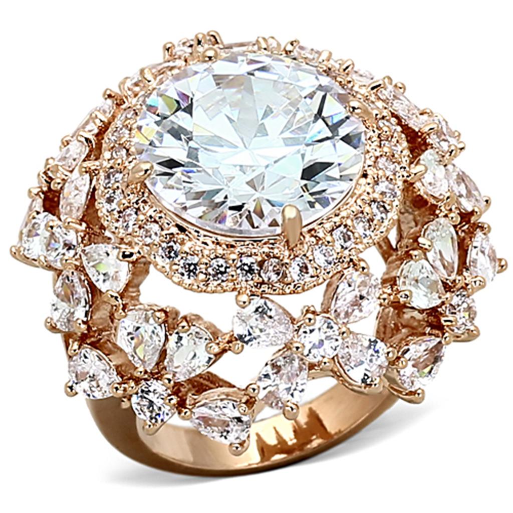 LOA891 Rose Gold Brass Ring featuring a clear AAA Grade CZ stone, showcasing its elegant design and craftsmanship.