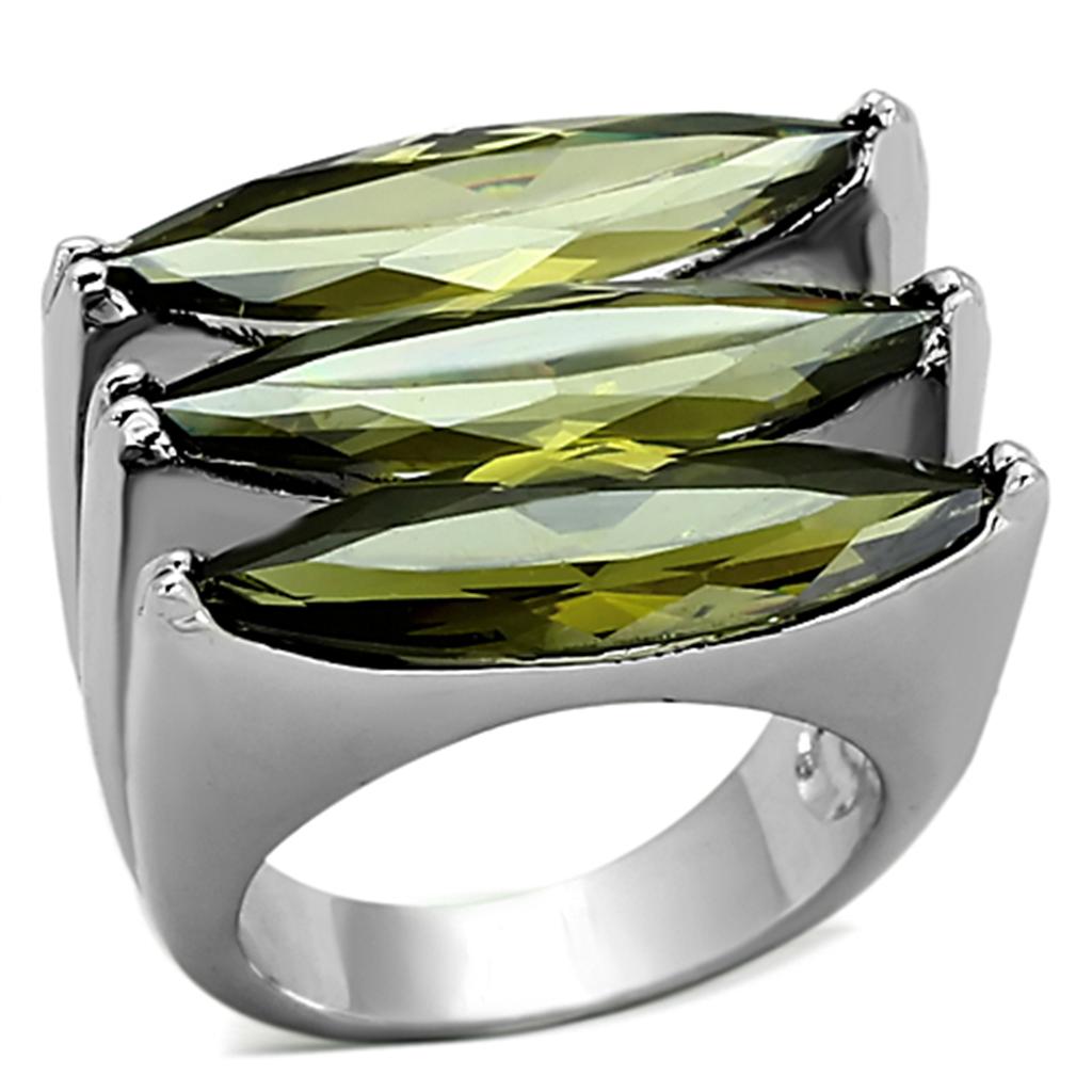 LOA918 Rhodium Brass Ring featuring AAA Grade CZ in vibrant olivine color, showcasing its elegant design and sparkling center stone.