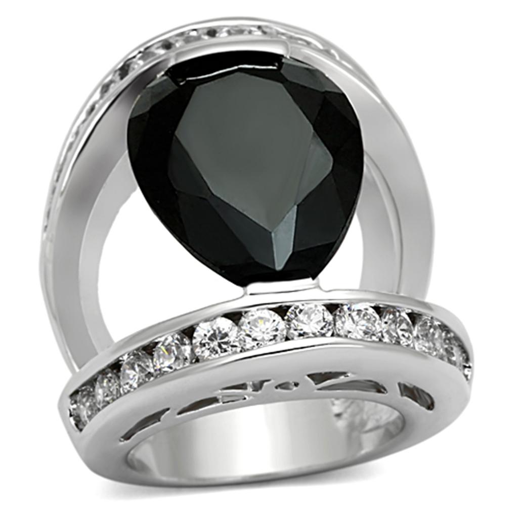 LOA923 Rhodium Brass Ring featuring AAA Grade CZ in Black Diamond, showcasing its elegant design and luxurious finish.