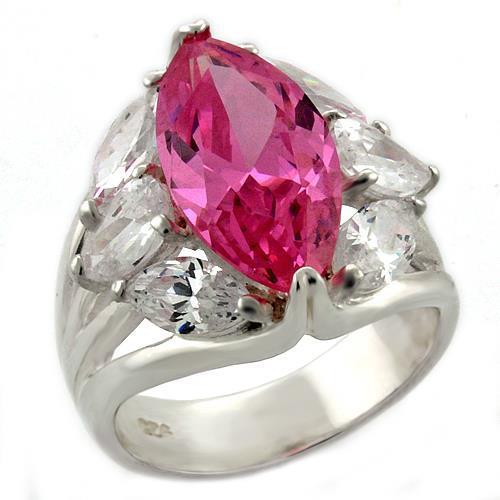 LOAS1052 High-Polished 925 Sterling Silver Ring featuring AAA Grade CZ stones in rose color, showcasing its elegant design and shine.