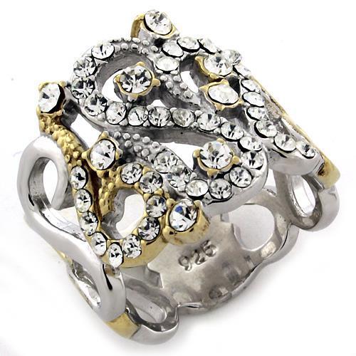 LOAS1066 Gold and Rhodium 925 Sterling Silver Ring featuring a clear AAA Grade CZ center stone, showcasing its elegant design.