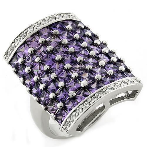 LOAS1063 Rhodium 925 Sterling Silver Ring featuring an AAA Grade CZ center stone in amethyst color, showcasing its elegant design.