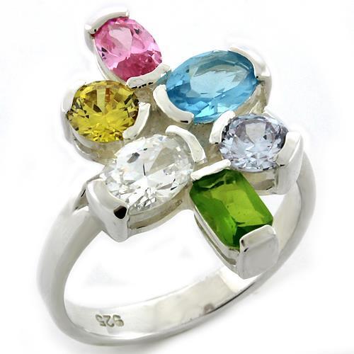 High-polished 925 sterling silver ring featuring a multi-color AAA grade cubic zirconia center stone, showcasing elegance and craftsmanship.