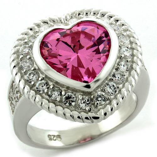 LOAS1090 High-Polished 925 Sterling Silver Ring featuring AAA Grade CZ stones in rose color, showcasing its elegant design and shine.