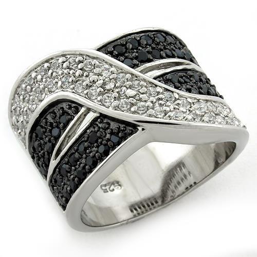 LOAS1147 Special Color 925 Sterling Silver Ring featuring a jet black AAA grade CZ center stone, showcasing elegance and quality.